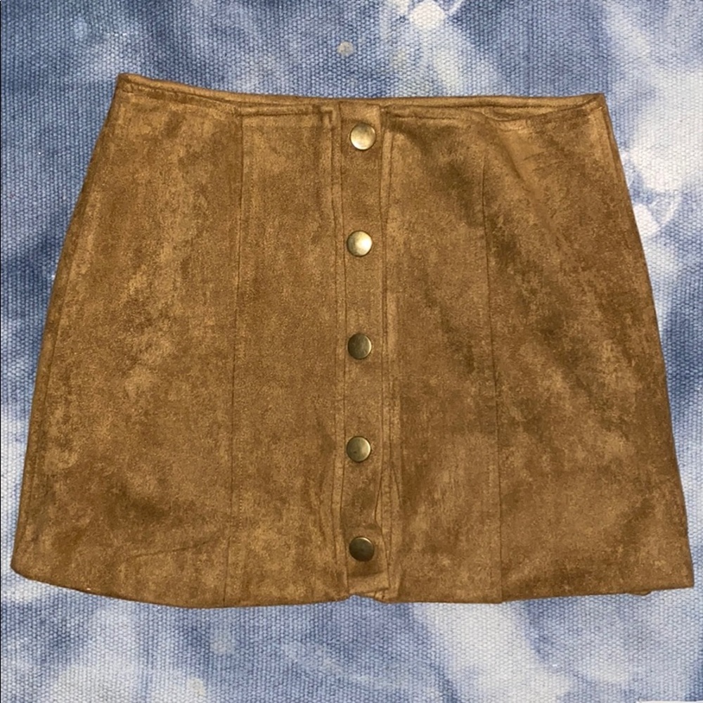 Brown Suede Snap Button Mini Skirt